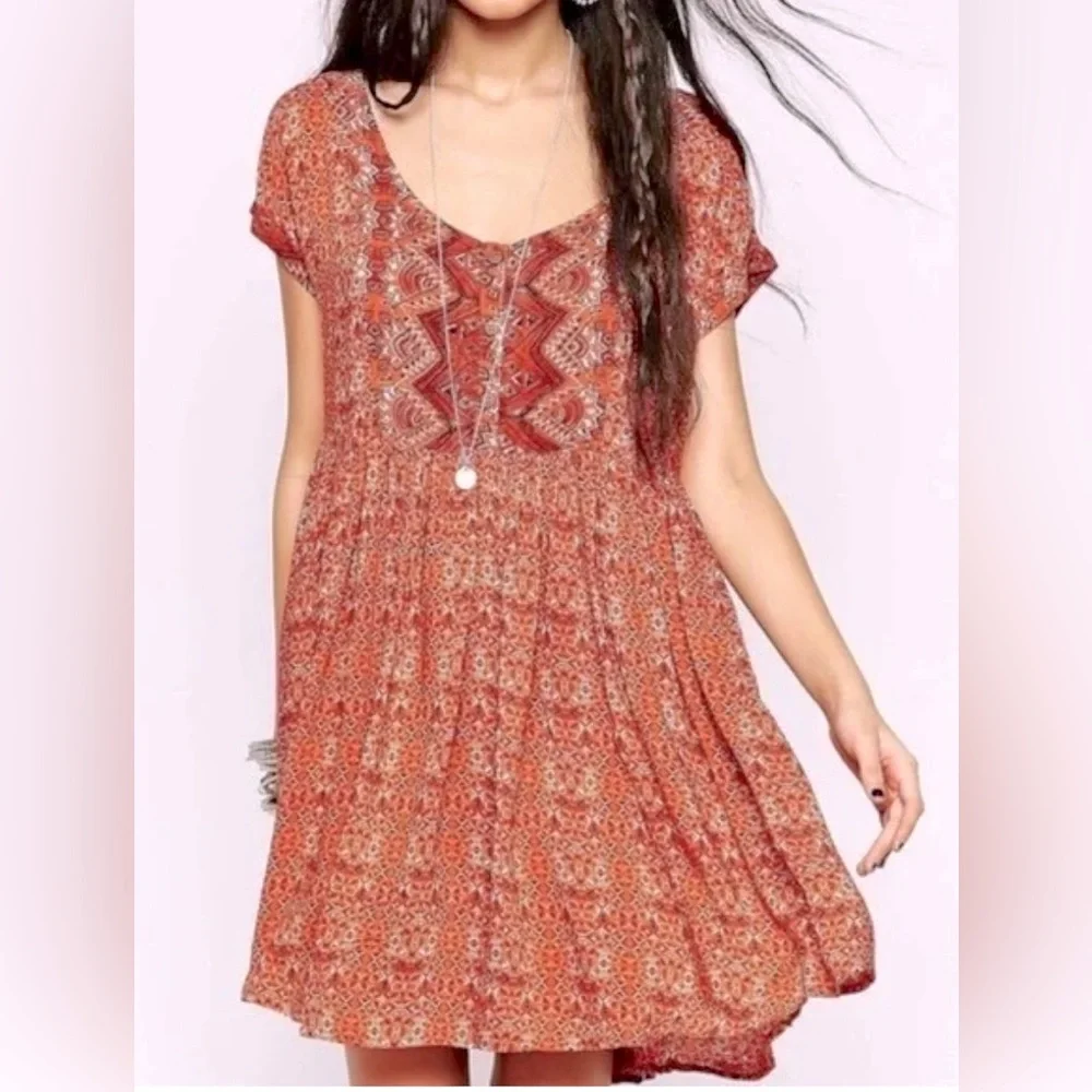 Free People Sundown Boho Babydoll Mini Dress Orange Combo ZB1